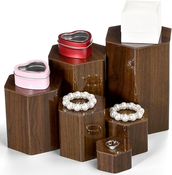 Jetec 12 Pcs Hexagonal Jewelry Display Risers Acrylic Stands,Brown | 6 Size, Hexagonal Market Display Risers, Acrylic Showcase for Jewelry, Model, Figures Organize Decoration, Table Stand - Image 4