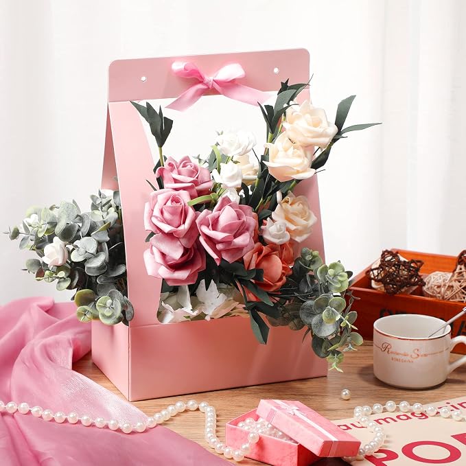 Teling 12 Pcs Flower Boxes for Arrangements Paper Pink Flower Gift Bags for Bouquets Portable Waterproof Floral Box with Handle for Wedding Floral Bar Party Decor Florist Supplies - Image 5