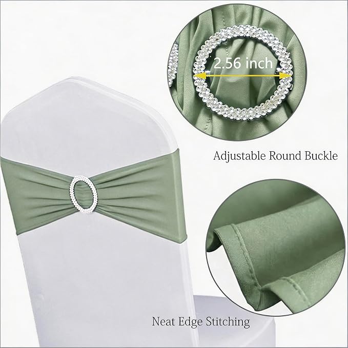 Pack of 50 Spandex Sage Green Chair Sashes for Wedding Elastic Chair Bands with Buckle Slider, Stretch Chair Bows for Party, Without White Chairs Covers (Sage Green) - Image 4