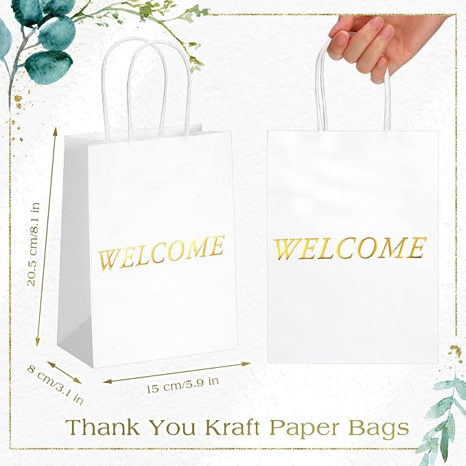 Jexine 100 Pcs Welcome Gift Bags Kraft Paper 5.9x3.1x8.1,White | for Wedding Favors, Church Visitors, Hotel Guest Kits, Retail Shopping, Event Giveaways,Sturdy Kraft Paper and Handles - Image 4