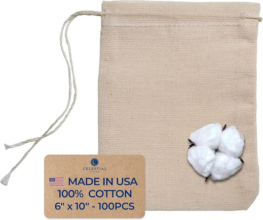 Celestial Gifts 100 Pcs Cotton Muslin Drawstring Bags, 6x10, Large Bulk | 100% Cotton Large Drawstring Gift Bags Bulk for Party Favor & DIY Craft, Made in USA, Natural Hem & Drawstring Pouch by CelestialGifts