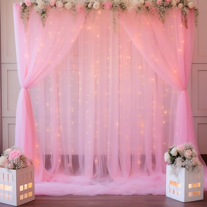 20ft x 8ft Pink Backdrop Curtain with Lights String for Parties, Sheer Tulle Wedding Photo Backdrops Drapes for Baby Shower Birthday Party Decorations Background for Photography by Shillance