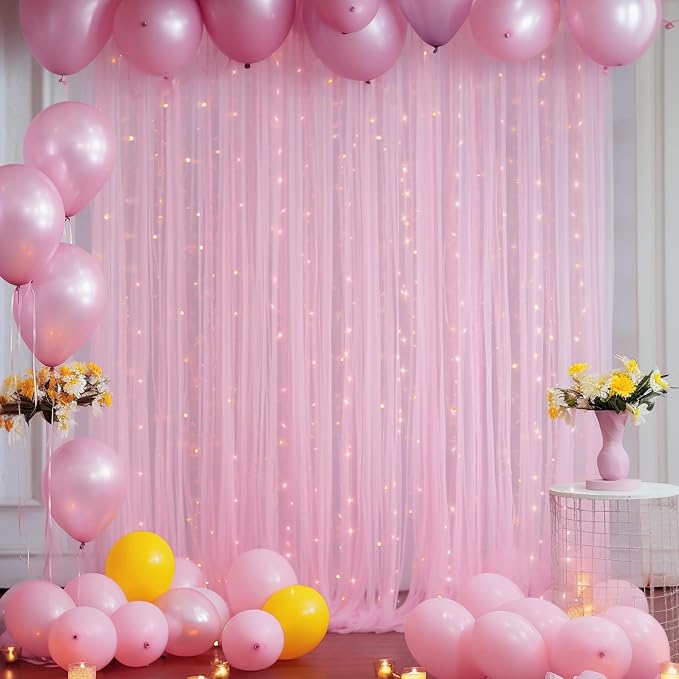 20ft x 10ft Pink Backdrop Curtain with Lights String for Parties, Sheer Tulle Wedding Photo Backdrops Drapes for Baby Shower Birthday Party Decorations Background for Photography - Image 5