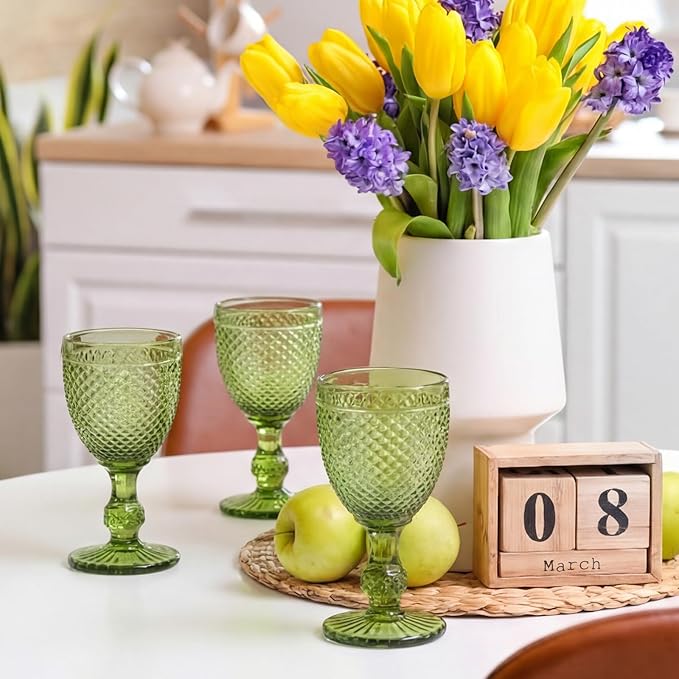 Bokon 12 Pack Green Glass Goblets Set 10 oz High Clear Wine Glass Vintage Water Goblets Cups Embossed Diamond Design Glassware with Stem for Drinking Juice Liquor Party Wedding Bar