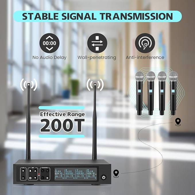 Wireless Microphone System, 4x50 Channels Cordless Handheld Microphones, 200FT UHF Range, Mics with Stable Signal Transmission for Karaoke Singing Party Church Wedding PA Speaker