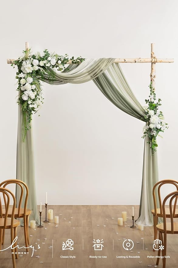 Ling's moment Wedding Arch Flowers, White Green | Pack of 5, 2pcs Floral, 3pcs Sheer Drapes, Ceremony Backdrop, Artificial Rose Decorations - Image 2