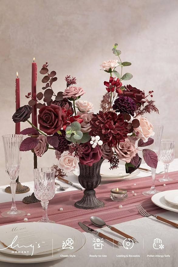 Ling's moment Artificial Wedding Flowers Combo, Dusty Rose & Burgundy, Deluxe | Fake Flower Greenery Stems Foam Roses Dahlia Silk Peonies Eucalyptus for DIY Bridal Bouquets, Table Centerpieces, Home Decor - Image 2