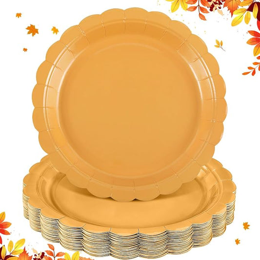 NatNarr 30 Pk Orange Plates 9" Scalloped Fall Thanksgiving Dessert Plates | Disposable Fall Paper Plates Cute Party Plates for Autumn Harvest, Friendsgiving, Baby Shower, Water&Oil Resistant by NatNarr