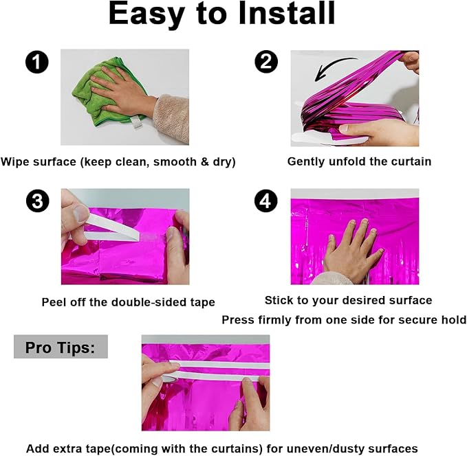 4 Pack Thickened Hot Pink Metallic Foil Fringe Curtains Streamer Rip Resistant Shimmer Tinsel Photo Booth Backdrop for Birthday Wedding Christmas Bachelorette Party Decorations 3.28ft x 6.56ft