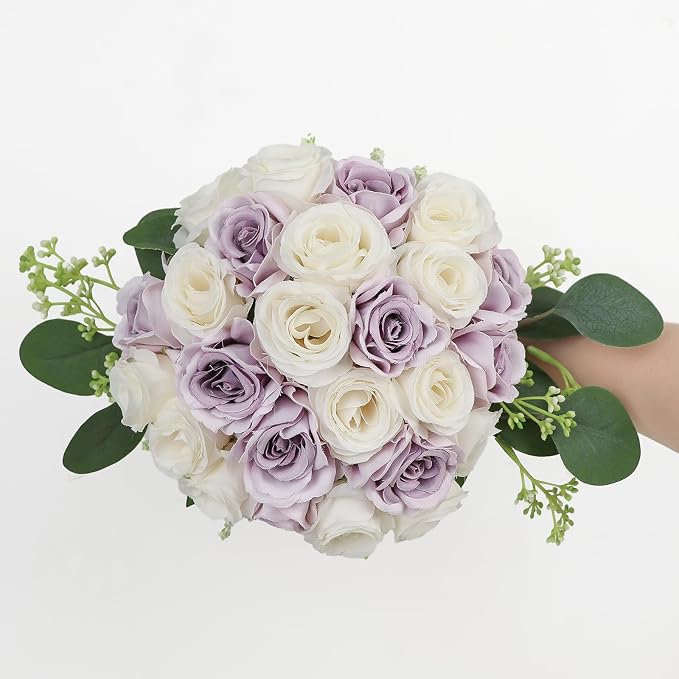 Set of 4 Bridesmaid Bouquets for Wedding - 7 Inch Artificial Ivory Flower Bouquet for Party Ceremony Anniversary Dinning Table Centerpieces Decor - Lilac and White - Image 8