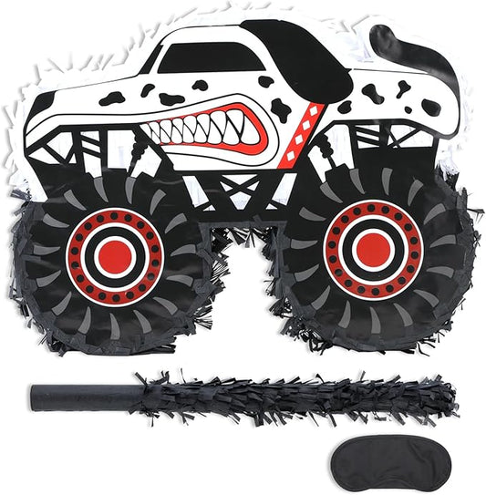 Monster Truck Dalmatian Pinatas Bundle with a Blindfold and a Bat (16 x 13 x 4 Inches), Perfect for Boys Birthday Parties, Dog Truck Decorations games