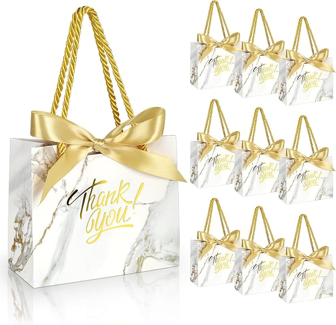 EQOREIIN 30 Pack Small Thank You Gift Bags with Handles &, Marble Gold | 5.5 x 2.4 x 4.7 Inches Mini Gift Bags for Girls Kids Birthday Mother's Day Wedding Christmas Goodie Candy Party Favors by EQOREIIN