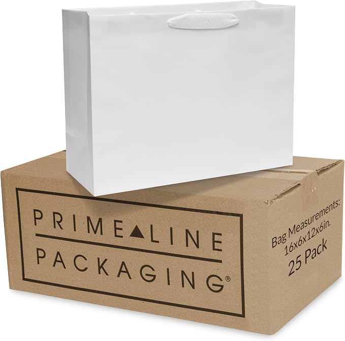 Prime Line Packaging White Paper Bags, Reusable Shopping Gift Bags with Handles for Holidays, Weddings, Birthdays, Thank you, Bulk, Large, 16x6x12, 25 Pack by PrimeLinePackaging