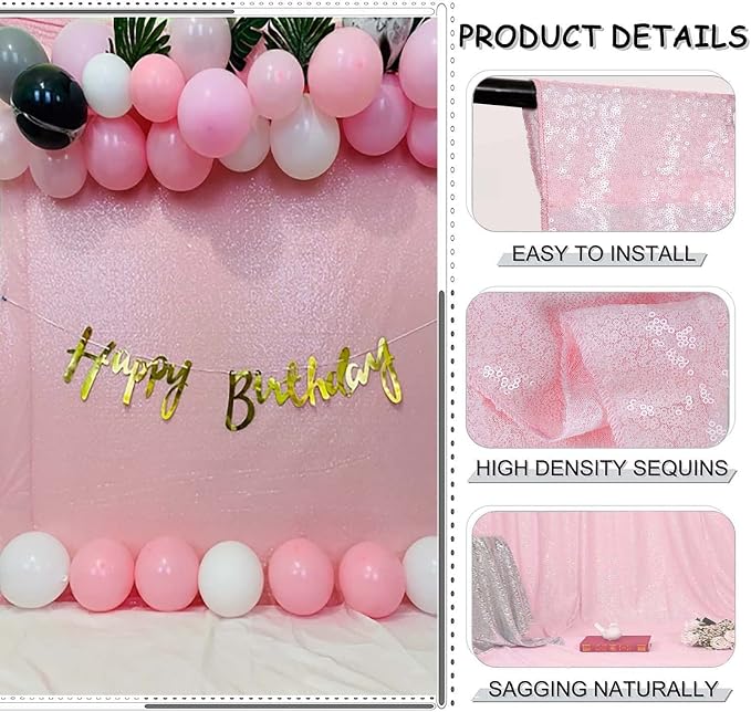 Pink Sequin Curtains 4FTx8FT 2 Panels Sequin Wall Backdrop Curtain - Image 3