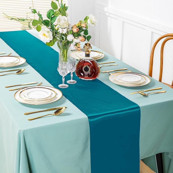 SI Pack of 5 Wedding 12 x 108 inch Satin Table Runner for Wedding, Decorations for Graduations, Engagements, Birthday Parties, Banquets, Runners fit Rectangle, Round Table - Teal - Image 2