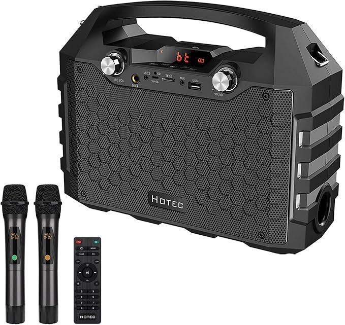 Hotec Wireless Portable PA Speaker System, Powerful Bluetooth Karaoke Machine with Dual Wireless Microphone for Wedding, Party, Teaching, Karaoke, Other Outdoor and Indoor Activities