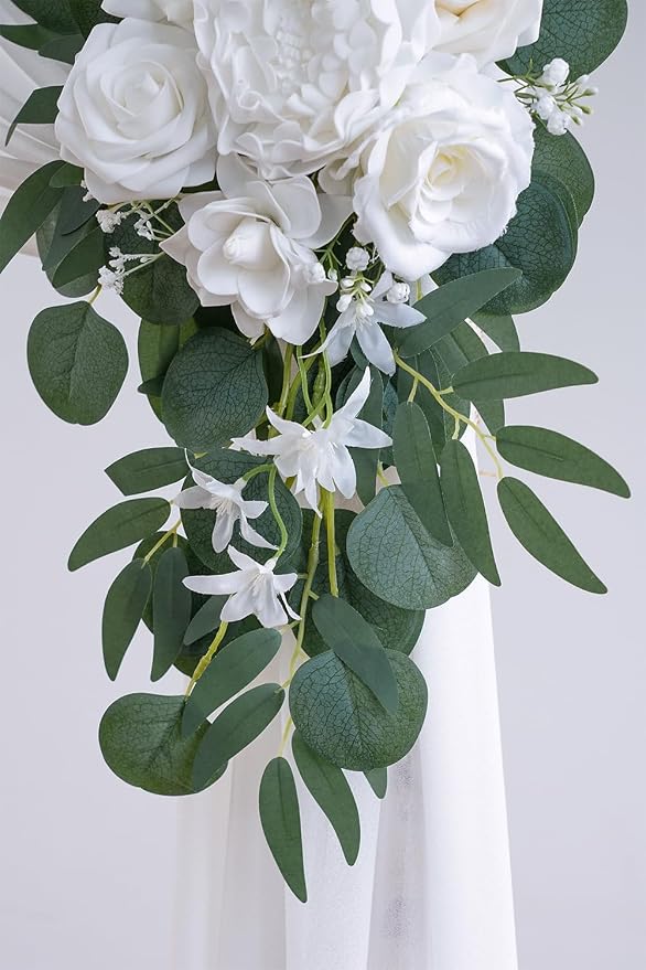 Olalaka White Artificial Wedding Arch Flowers Kit (Pack of 3) with 26Ft White Shiny Arch Draping Fabric for DIY Wedding Party Ceremony Reception Backdrop Floral Decoration - Image 8