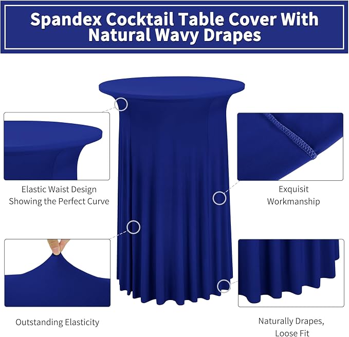6 Packs Royal Blue Round Cocktail Table Skirt 32"x 43" | Spandex Stretch Cocktail Tablecloth with Wavy Drapes, Fitted High Top Table Covers for Wedding Bar Party Birthday - Image 3