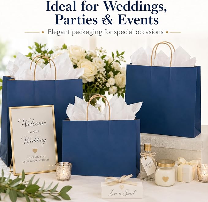 Large Kraft Paper Bags with Handle Bulk for Shopping,70pcs,Navy Blue | 16x6x12 Inch,120GSM,Thick,Durable,8LB Load,Heavy Duty for Retail ,event,boutiques,corporate gifts,wedding,party - Image 3