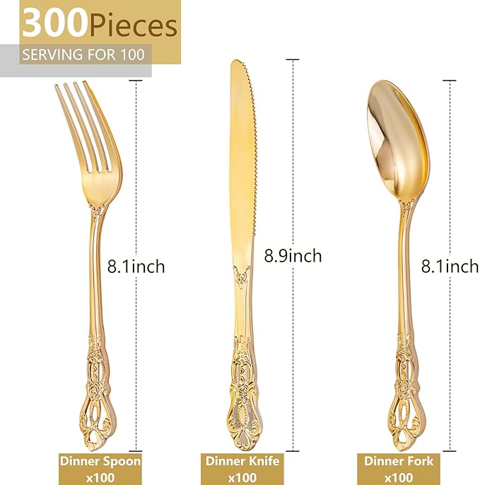 300Pieces Gold Plastic Silverware - Heavy Duty Gold Disposable Utensils - Vintage Plastic Cutlery Set Includes 100 Forks, 100 Spoons, 100 Knives for Dinner Parties Weddings (Pack of 2)