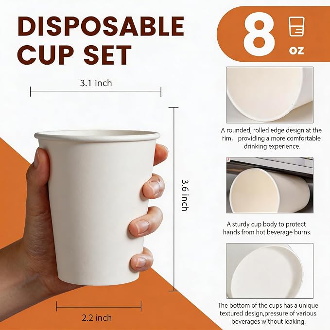 MOUMOULIFE Disposable Paper Coffee Cups 8 oz 1000 Count Bulk, Leak-Proof White Paper Coffee Cups, Hot/Cold Beverage Drinking Cups for Office Party Home Travel - Image 3