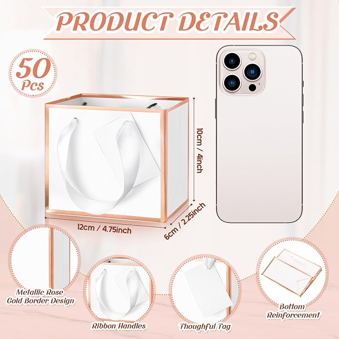 Yeaqee 50 Pcs Mini Metallic Paper Gift Bags with Handle, White, Rose Gold | 4.75x2.25x4'' Small Gift Bag with DIY Tag, Tiny Thank You Party Favor, Wedding Baby Shower Birthday Back to School Jewelry - Image 2