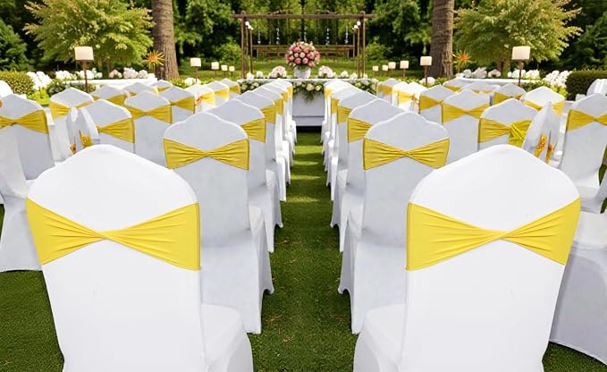 VDS Pack of 250 PCS | Yellow | Spandex Chair Sashes Bows Without Buckle | Stretch Elastic Banquet Universal Folding Chair Band Tie with for Wedding Party Conference Celebration Event Decoration - Image 6