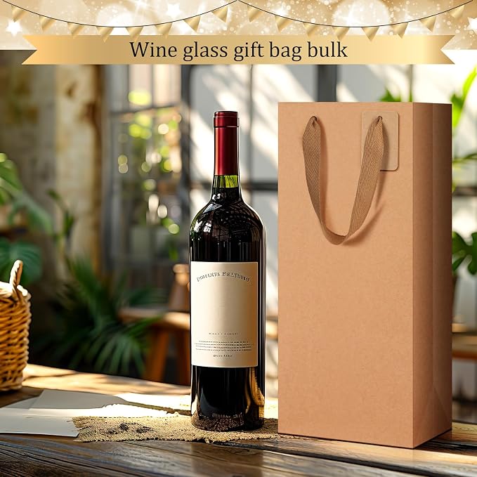 Lerheedi 100 Pack Wine Bags for 2 Bottles, Paper Gift Carriers, Brown | Handles and Tags, 6.6x3.6x13.8 in, Reusable for Wedding Anniversary Birthday Party, Bulk Gift Packaging - Image 5