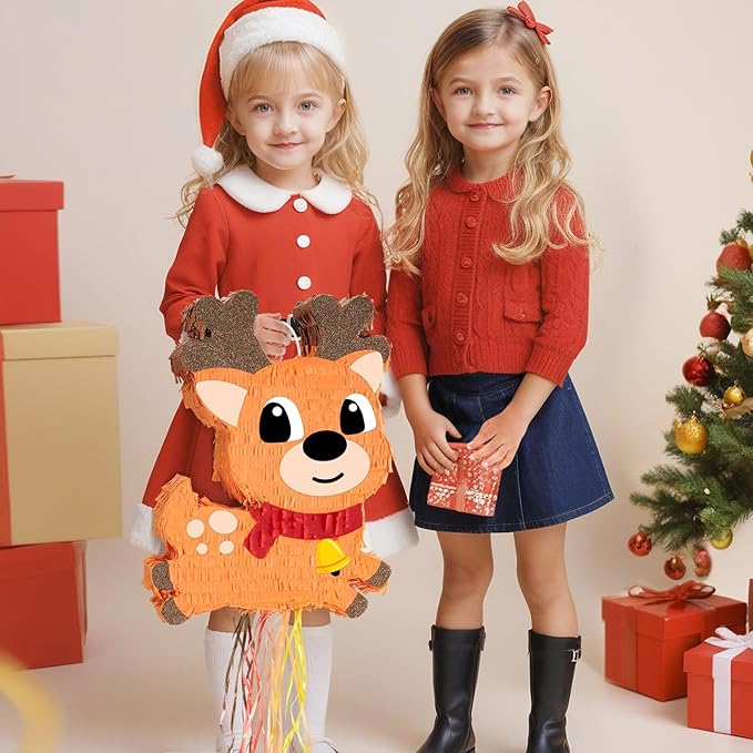WERNNSAI Christmas Reindeer Pinata - Christmas Elk Decorations Xmas Reindeer Party Games for Kids Merry Xmas Decorations Indoor Outdoor Festival Carnival Party Supply Xmas Pinata with Blindfold Bat