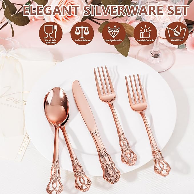 300PCS Rose Gold Plastic Silverware - Heavy Duty Elegant Disposable Utensils - Vintage Rose Gold Cutlery Set Includes 100 Forks, 100 Spoons, 100 Knives for Dinner Parties Weddings