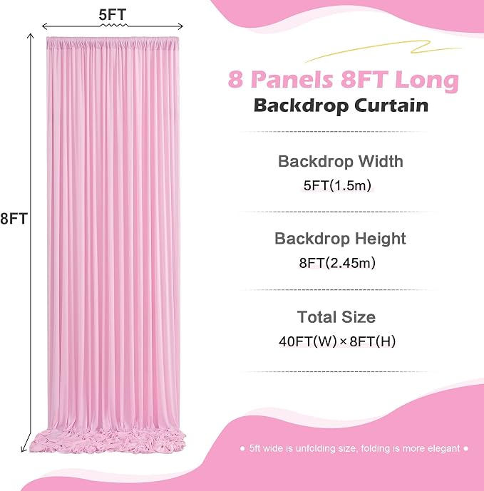 40ft x 10ft Wrinkle Free Pink Backdrop Curtain for Parties, 8 Panels 5×10ft Silky Polyester Light Pink Photo Backdrop Drapes Back Drop Cloth for Girl Party Birthday Gender Reveal Wedding Photography - Image 2
