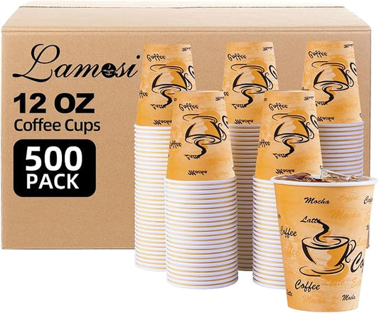 Lamosi 500 Pack 12 oz Coffee Cups, Disposable Paper Cups No Lids | Leakproof Thick Insulated Printed Hot Cups for Tea, Iced Drinks and Water, Cafe, Travel and Party Use by BuyNow