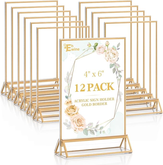 EHWINE 12 Pack Gold Acrylic Sign Holder 4x6 Double Sided Tabletop Stand | Clear Double-Sided Gold Acrylic Tabletop Display with Non-Slip Mats for Menus, Flyers, Weddings, Parties and Events by EHWINE