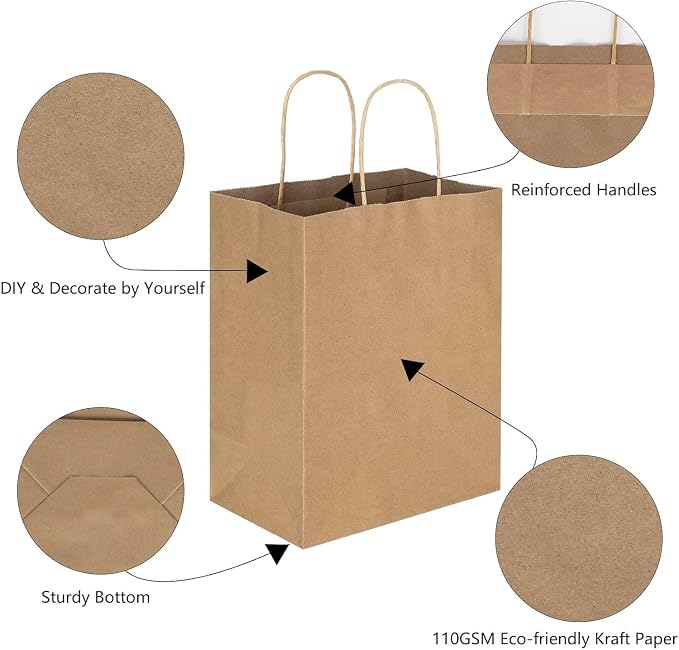 Jet Paper Bags - 50 Pack 11x6.5x11 Inch Medium Plain Brown Kraft Paper Bags with Handles Bulk, Gift Wrap Bags for Favors Grocery Retail Party Birthday Shopping Business Goody Craft Merchandise Take Out Sacks (Brown, Pack of 50) - Image 2