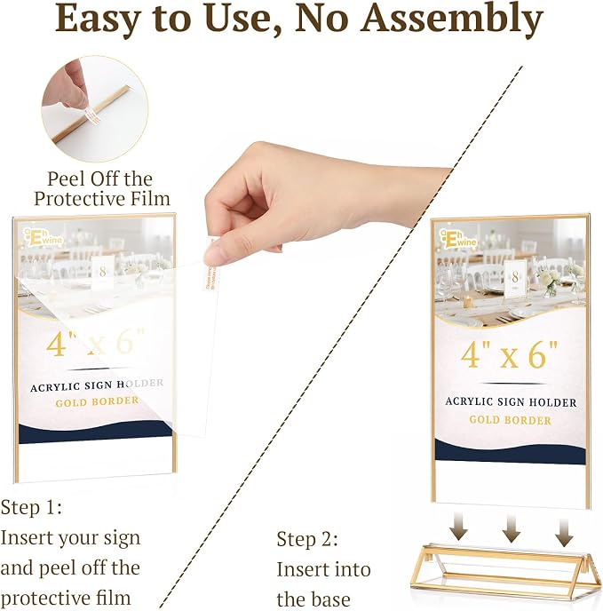 EHWINE 12 Pack Gold Acrylic Sign Holder 4x6 Double Sided Tabletop Stand | Clear Double-Sided Gold Acrylic Tabletop Display with Non-Slip Mats for Menus, Flyers, Weddings, Parties and Events - Image 6