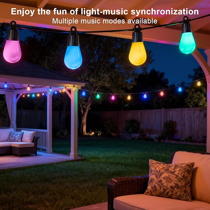 Outdoor String Lights 118FT Smart Patio Lights with Remote &APP Control, 36 LED Bulbs RGB IC Warm White, IP65 Waterproof Color Changing for Christmas, Balcony, Gazebo,Garden, Party, Holiday Decor