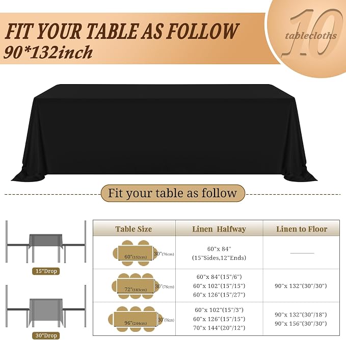 Pesonlook 10Pack Black Tablecloths 90 x 132 Inch, Rectangle Tablecloth for 8ft Table, Tables Polyester Table Cover Washable Cloth Wedding Reception Banquet Party - Image 2