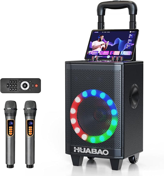 Portable Karaoke Machine with 2 Wireless Microphones, Bluetooth Speaker with Lights and Trolley Wheels, 6600mAh Rechargeable PA System, FM/AUX/USB/TF, Remote, Bass/Treble/Echo Adjust, Ideal for Party