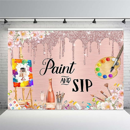 EHOFOND Paint and Sip Backdrop 7x5ft Rose Gold Painting Party Background Sip and Paint Photo Booth Decoration for Adult Birthday Girls Night Date Night Party