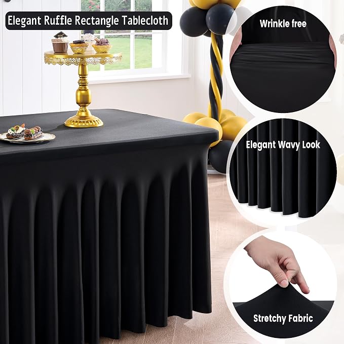 Spandex Tablecloth 6FT Rectangle Table Cover 6 Pack Black Wrinkle-Free - Image 3