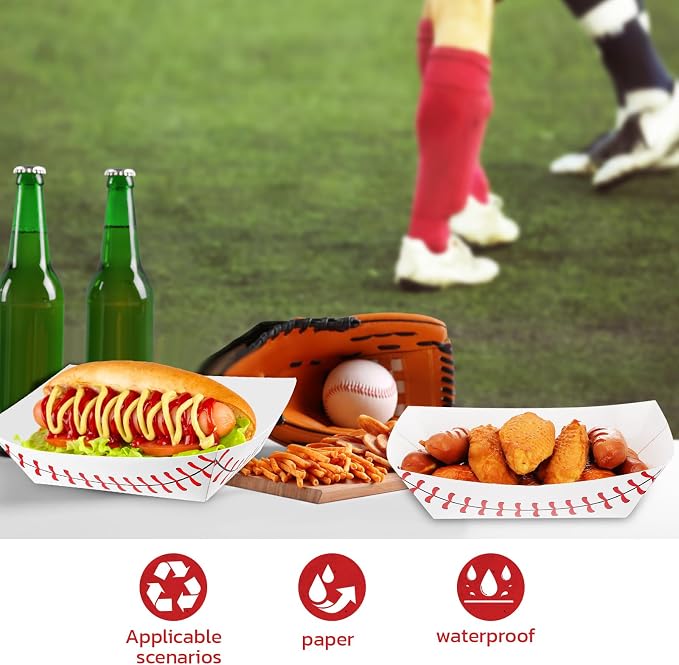 Roshtia 100 Pack Baseball Nacho Trays Paper Food Boats Disposable,2lb | Baseball Birthday Party Supplies, Red Stitching Design, Boat Shape for Hot Dogs Nachos, Decorations Game Day Celebrations - Image 5