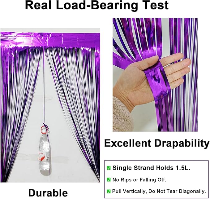 2 Pack Thickened Dark Purple Metallic Foil Fringe Curtains Streamer Rip Resistant Shimmer Tinsel Photo Booth Backdrop for Birthday Wedding Christmas Bachelorette Party Decorations 3.28ft x 6.56ft