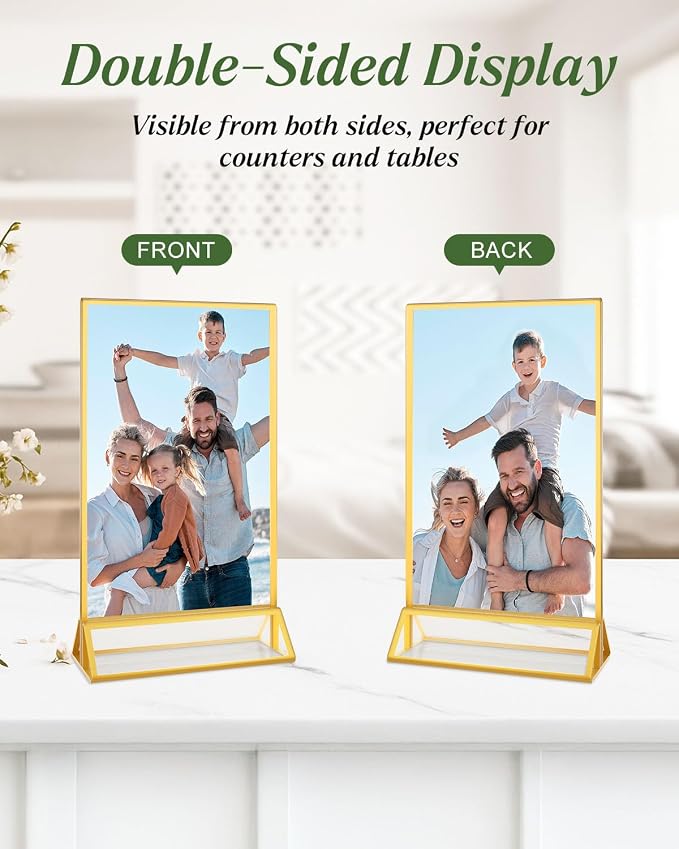 8 Pack Gold Acrylic Sign Holders 4x6 Clear Picture Frame Stands | Double Sided Vertical Stand Menu Flyer Holder for Wedding Table Numbers, Restaurant Signs, Party and Office Photos - Image 5