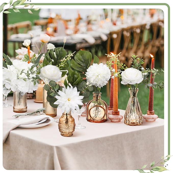 FoldTier 108 Pcs Artificial Flowers in Vase 96 Pcs Faux Greenery Stem Table Centerpiece Fake Plants Silk Roses Arrangement 12 Pcs Glass Vase Sets for Wedding Bathroom Home Dining Decor(Champagne) - Image 7
