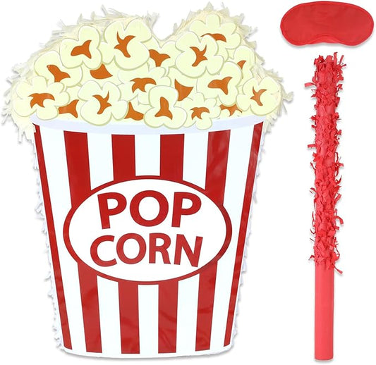 Popcorn Pinatas Bundle with a Blindfold and a Bat(16.5 x 12.5 x 3.5 Inches), Perfect for Fun Kid's Birthday Parties, Cinema Movie Theme Party Decoration Games
