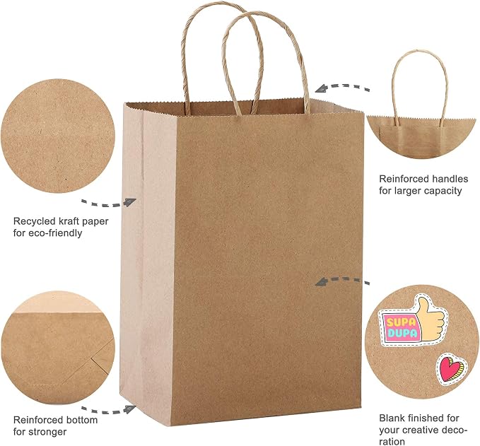 MESHA Brown Paper Bags 10x5x13 200Pcs Medium Gift Bags with Handles Bulk | Kraft Paper Bag for Small Business,Birthday Wedding Party Favor Bag, Shopping - Image 2