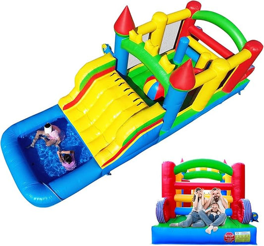 23FT Commercial Grade Bounce House for Adult, (Heavy Duty PVC)(1100W UL Blower) Inflatable Obstacle Course, with Water Slide, Splash Water Pool Ball Pit, Large Backyard Lawn Party Game