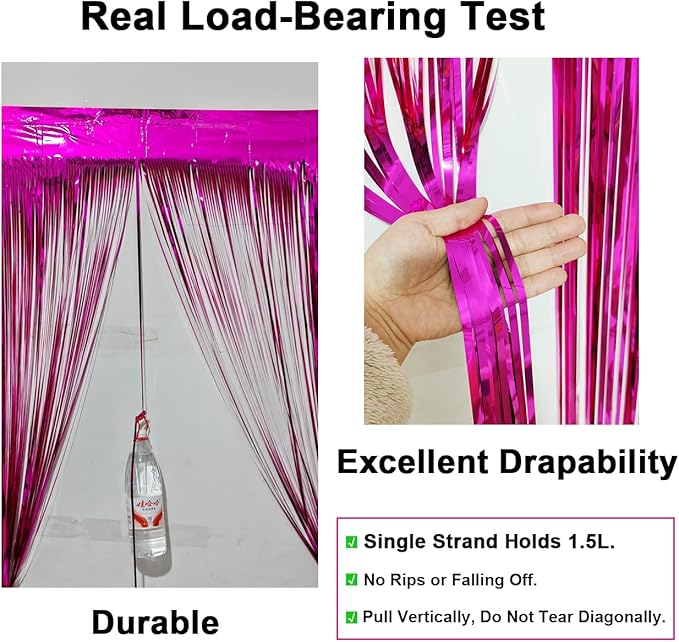 4 Pack Thickened Hot Pink Metallic Foil Fringe Curtains Streamer Rip Resistant Shimmer Tinsel Photo Booth Backdrop for Birthday Wedding Christmas Bachelorette Party Decorations 3.28ft x 6.56ft