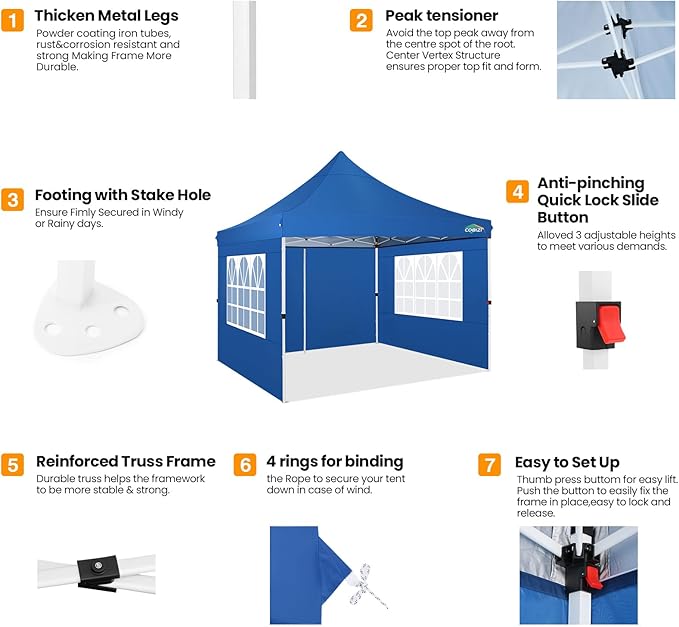 COBIZI 10x10 Pop Up with 3 Sidewalls, Canopy Tent 10x10 for Parties, Backyard, Commercial, Waterproof and Portable Instant Shelter UV50+ Outdoor Canopy Gazebo with 4 Sandbags(Light Blue)