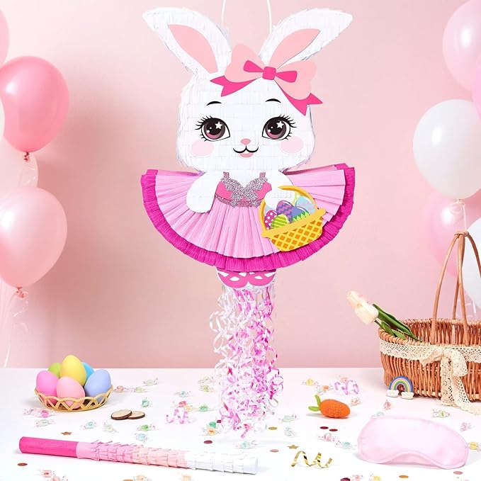 WERNNSAI Easter Bunny Pinata – Pink Easter Rabbit Pinata with Blindfold and Stick Spring Easter Egg Hunt Game Party Decorations Birthday Carnival Supplies